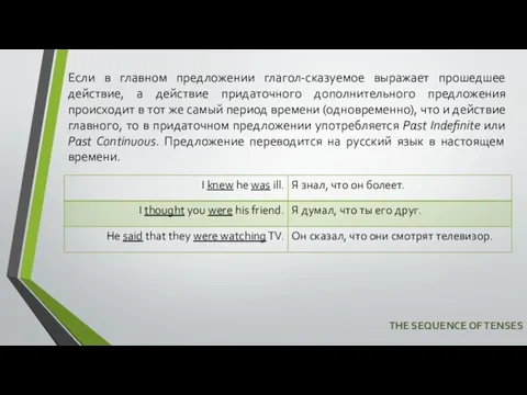 THE SEQUENCE OF TENSES Если в главном предложении глагол-сказуемое выражает прошедшее