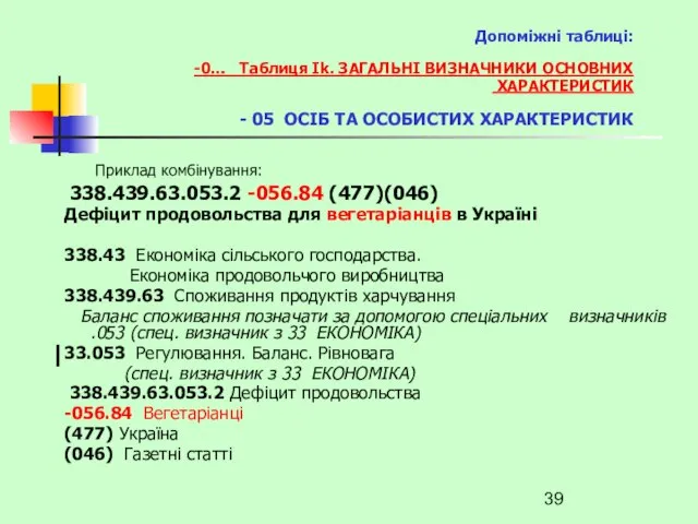 Приклад комбінування: 338.439.63.053.2 -056.84 (477)(046) Дефіцит продовольства для вегетаріанців в Україні