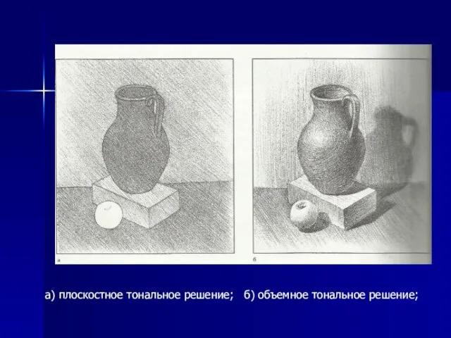 а) плоскостное тональное решение; б) объемное тональное решение;