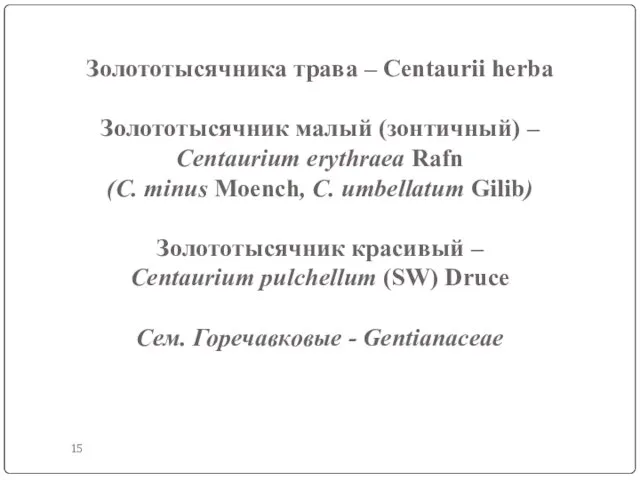 Золототысячника трава – Centaurii herba Золототысячник малый (зонтичный) – Centaurium erythraea