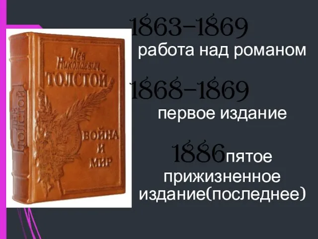 1863–1869 работа над романом 1868–1869 первое издание 1886пятое прижизненное издание(последнее)