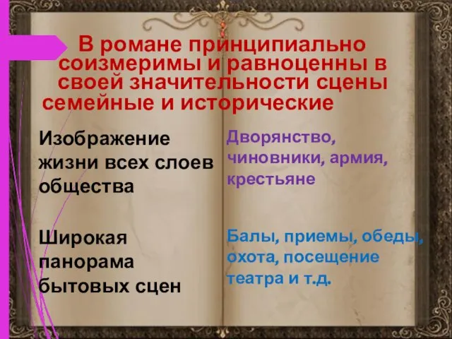 В романе принципиально соизмеримы и равноценны в своей значительности сцены семейные