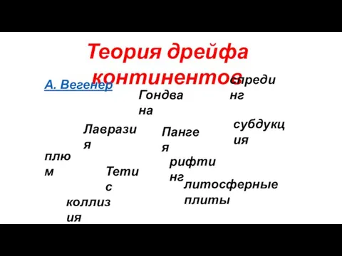 Теория дрейфа континентов А. Вегенер плюм Лавразия Гондвана Тетис спрединг субдукция рифтинг Пангея коллизия литосферные плиты