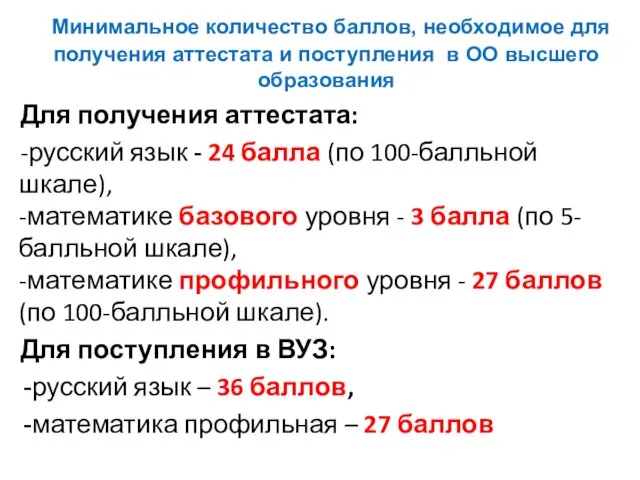 Минимальное количество баллов, необходимое для получения аттестата и поступления в ОО