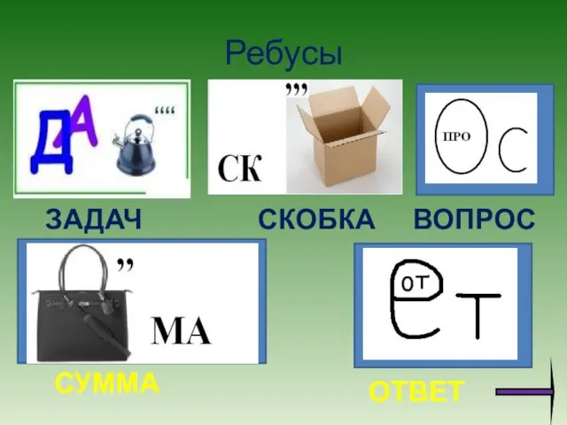 Ребусы ЗАДАЧА СКОБКА ВОПРОС СУММА ОТВЕТ