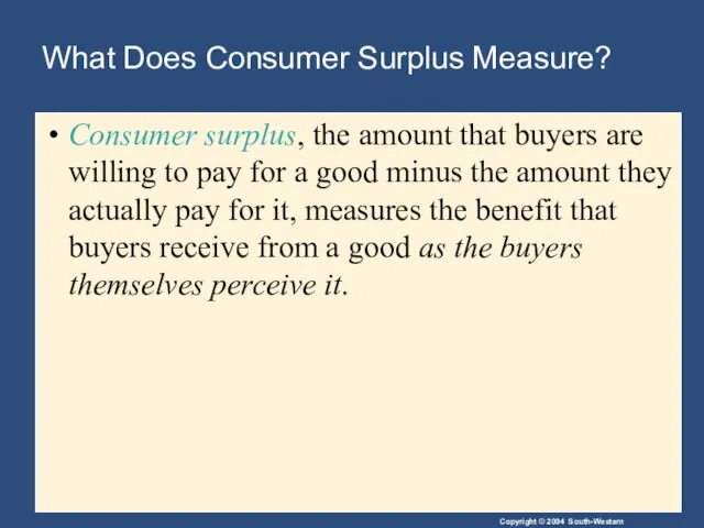 What Does Consumer Surplus Measure? Consumer surplus, the amount that buyers