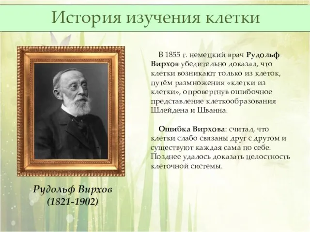 В 1855 г. немецкий врач Рудольф Вирхов убедительно доказал, что клетки