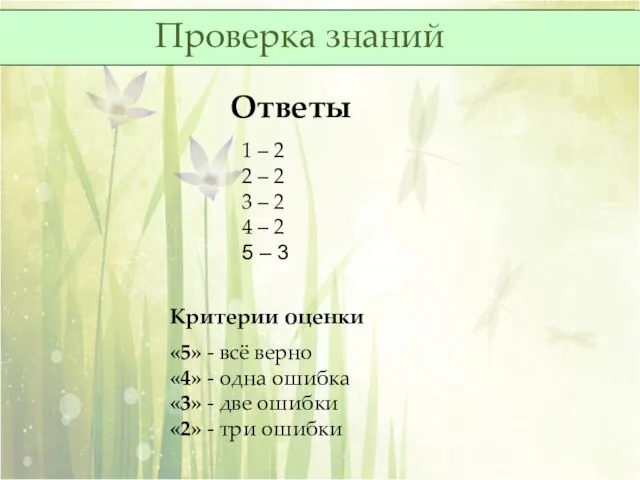 Проверка знаний Ответы 1 – 2 2 – 2 3 –