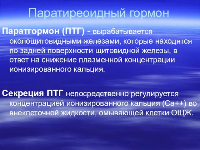 Паратиреоидный гормон Паратгормон (ПТГ) - вырабатывается околощитовидными железами, которые находятся по