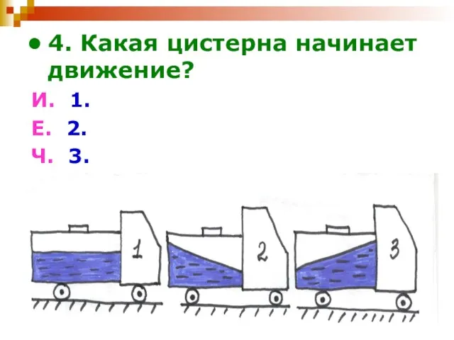 4. Какая цистерна начинает движение? И. 1. Е. 2. Ч. 3.