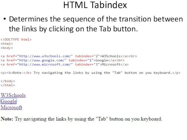 HTML Tabindex Determines the sequence of the transition between the links