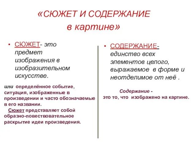 «СЮЖЕТ И СОДЕРЖАНИЕ в картине» СЮЖЕТ- это предмет изображения в изобразительном