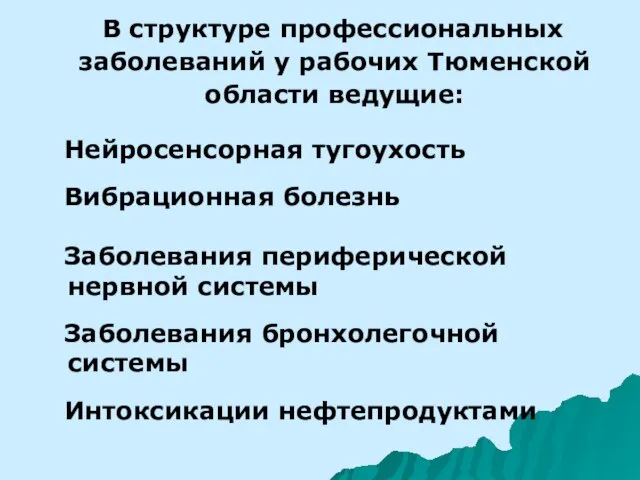 В структуре профессиональных заболеваний у рабочих Тюменской области ведущие: Нейросенсорная тугоухость