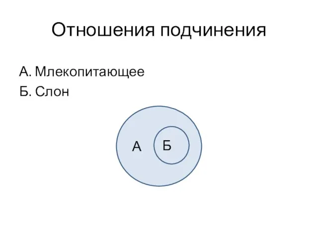 Отношения подчинения А. Млекопитающее Б. Слон А Б