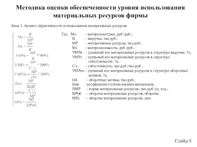 Слайд 8 Методика оценки обеспеченности уровня использования материальных ресурсов фирмы Блок