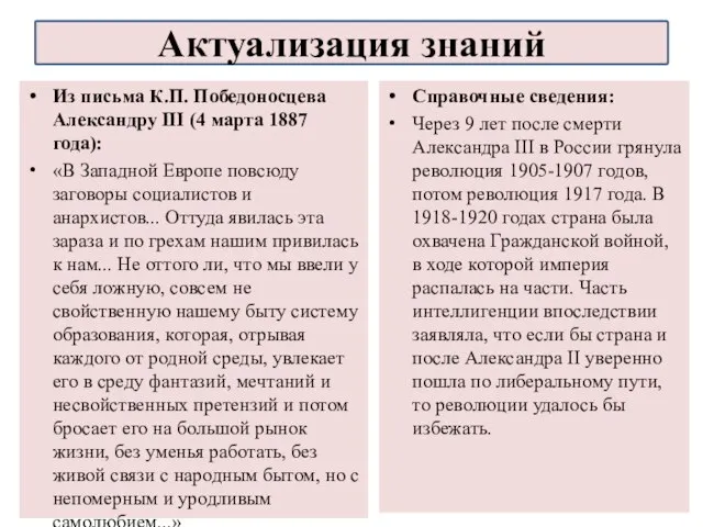 Из письма К.П. Победоносцева Александру III (4 марта 1887 года): «В