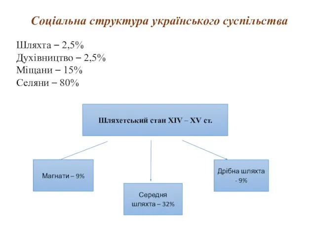 Шляхетський стан ХІV – ХV ст. Магнати – 9% Середня шляхта