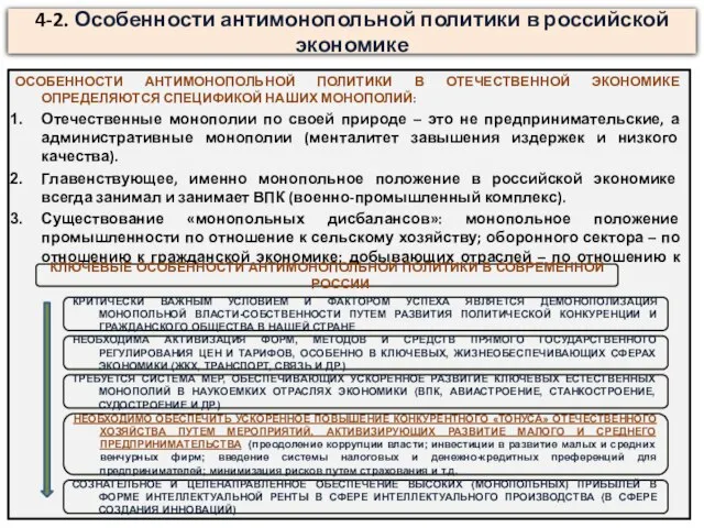 4-2. Особенности антимонопольной политики в российской экономике ОСОБЕННОСТИ АНТИМОНОПОЛЬНОЙ ПОЛИТИКИ В