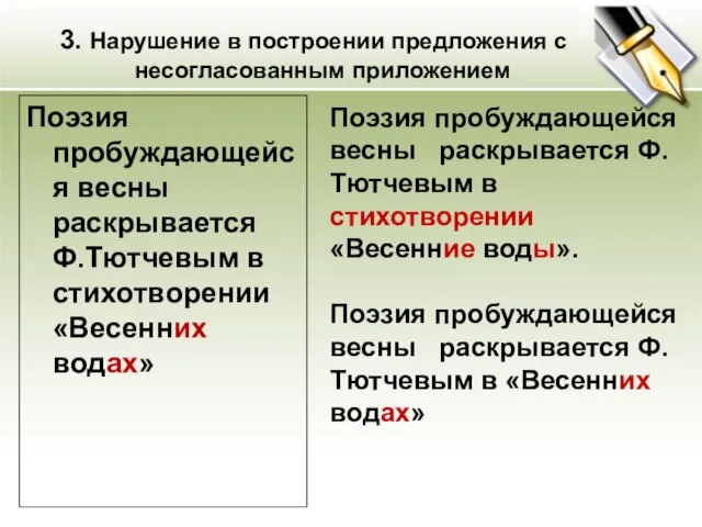 3. Нарушение в построении предложения с несогласованным приложением Поэзия пробуждающейся весны