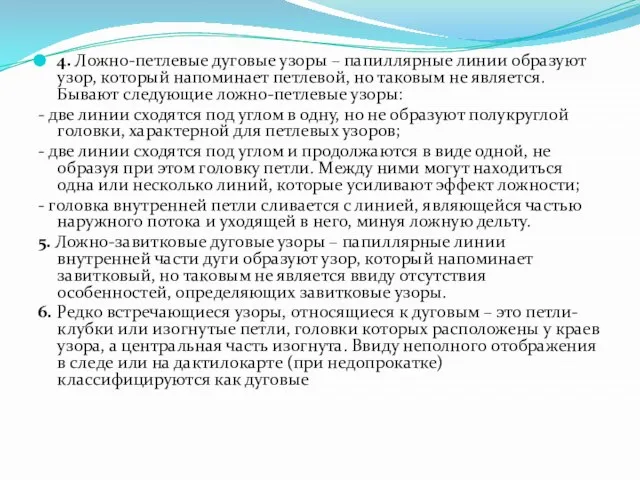 4. Ложно-петлевые дуговые узоры – папиллярные линии образуют узор, который напоминает