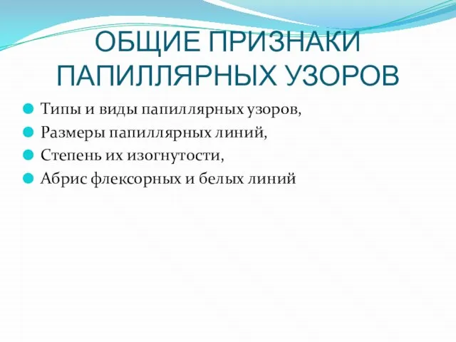 ОБЩИЕ ПРИЗНАКИ ПАПИЛЛЯРНЫХ УЗОРОВ Типы и виды папиллярных узоров, Размеры папиллярных