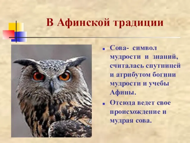 В Афинской традиции Сова- символ мудрости и знаний, считалась спутницей и