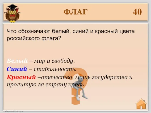 ФЛАГ 40 Белый – мир и свободу. Синий – стабильность. Красный