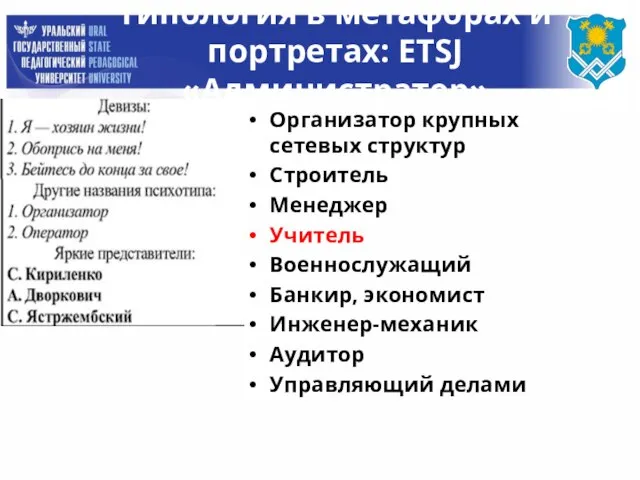 Типология в метафорах и портретах: ETSJ «Администратор» Организатор крупных сетевых структур