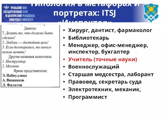 Типология в метафорах и портретах: ITSJ «Инспектор» Хирург, дантист, фармаколог Библиотекарь