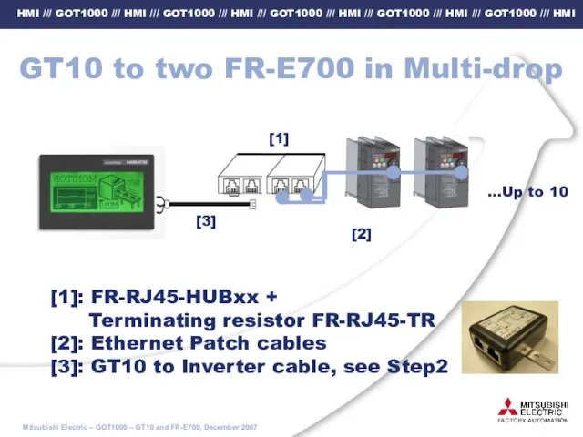 GT10 to two FR-E700 in Multi-drop [1]: FR-RJ45-HUBxx + Terminating resistor