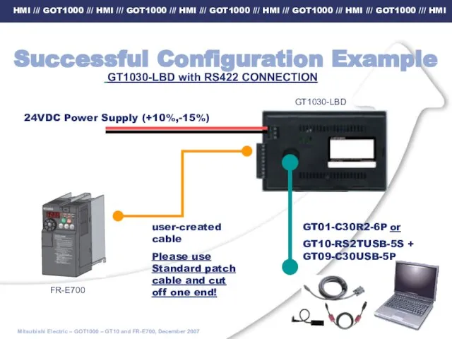 Successful Configuration Example GT1030-LBD with RS422 CONNECTION 24VDC Power Supply (+10%,-15%)