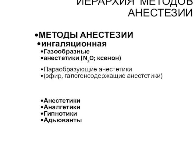 ИЕРАРХИЯ МЕТОДОВ АНЕСТЕЗИИ МЕТОДЫ АНЕСТЕЗИИ ингаляционная Газообразные анестетики (N2O; ксенон) Параобразующие