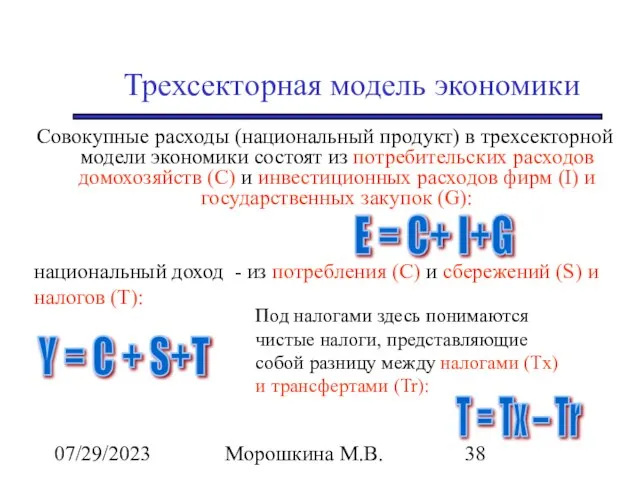 07/29/2023 Морошкина М.В. Трехсекторная модель экономики Совокупные расходы (национальный продукт) в