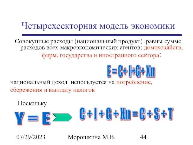 07/29/2023 Морошкина М.В. Четырехсекторная модель экономики Совокупные расходы (национальный продукт) равны