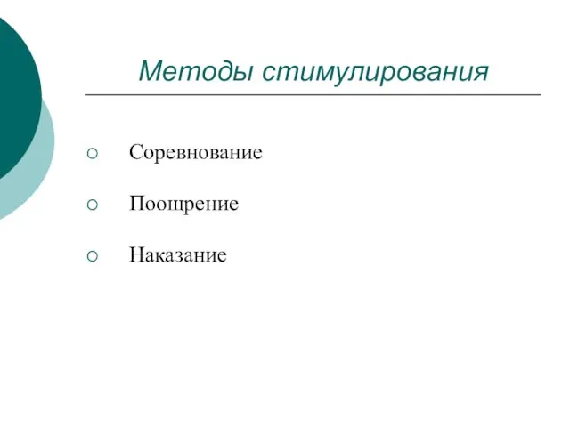 Методы стимулирования Соревнование Поощрение Наказание