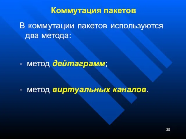 Коммутация пакетов В коммутации пакетов используются два метода: - метод дейтаграмм; - метод виртуальных каналов.