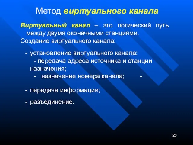 Метод виртуального канала Виртуальный канал – это логический путь между двумя