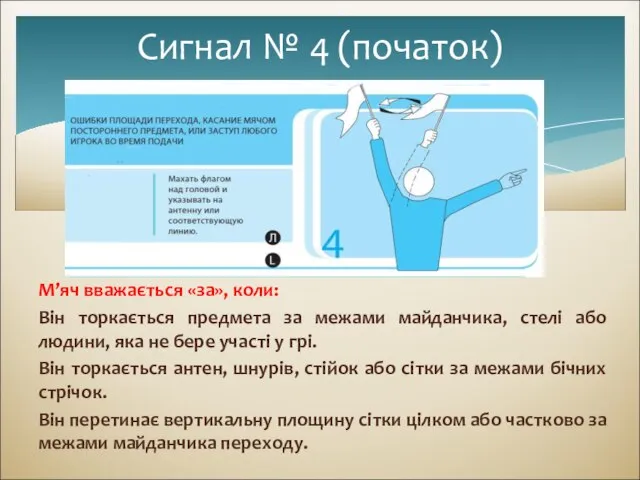 М’яч вважається «за», коли: Він торкається предмета за межами майданчика, стелі