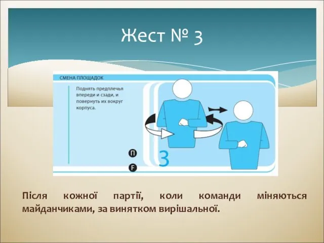 Після кожної партії, коли команди міняються майданчиками, за винятком вирішальної. Жест № 3