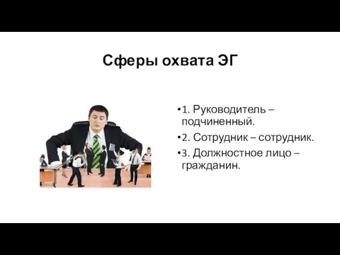 Сферы охвата ЭГ 1. Руководитель – подчиненный. 2. Сотрудник – сотрудник. 3. Должностное лицо – гражданин.