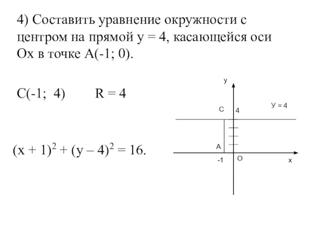 4) Составить уравнение окружности с центром на прямой у = 4,