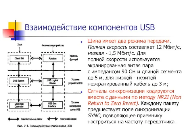 Взаимодействие компонентов USB Шина имеет два режима передачи. Полная скорость составляет