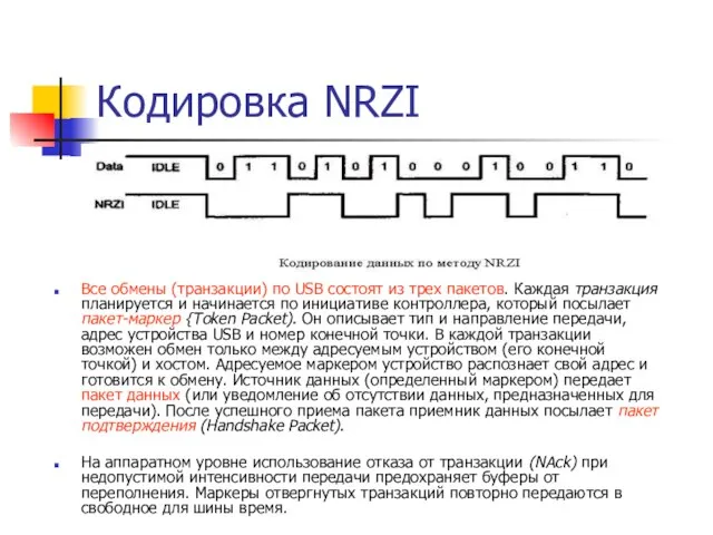 Кодировка NRZI Все обмены (транзакции) по USB состоят из трех пакетов.