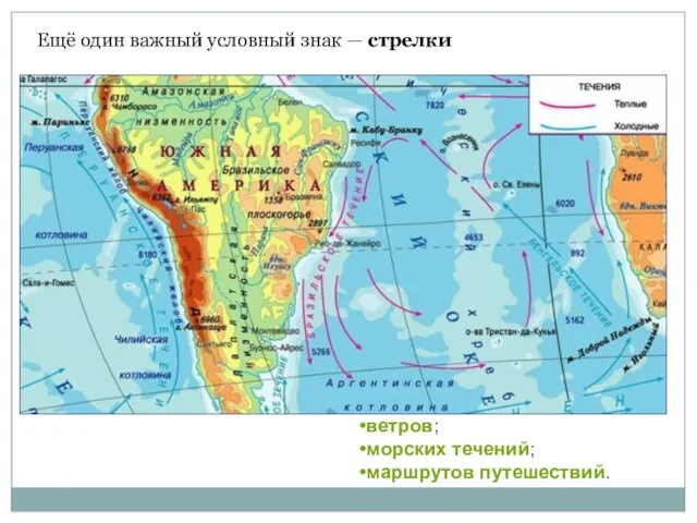 Ещё один важный условный знак — стрелки ветров; морских течений; маршрутов путешествий.