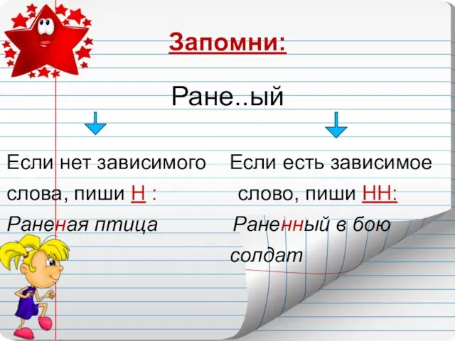 Запомни: Ране..ый Если нет зависимого Если есть зависимое слова, пиши Н