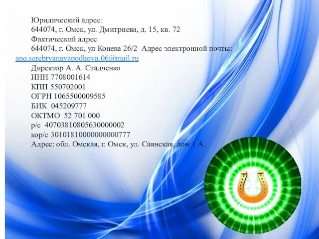 Юридический адрес: 644074, г. Омск, ул. Дмитриева, д. 15, кв. 72