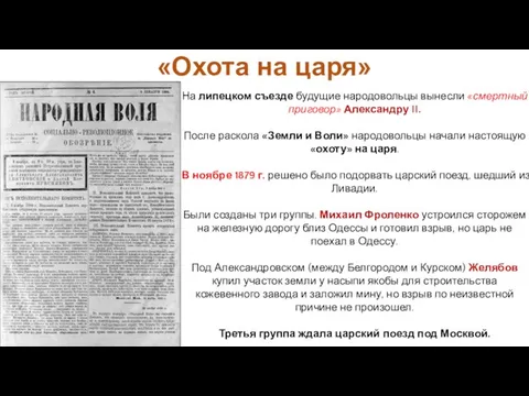 На липецком съезде будущие народовольцы вынесли «смертный приговор» Александру II. После