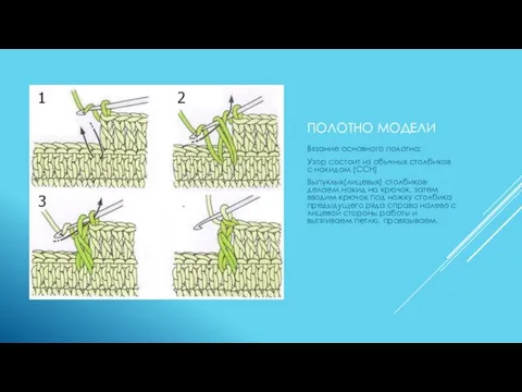 ПОЛОТНО МОДЕЛИ Вязание основного полотна: Узор состоит из обычных столбиков с