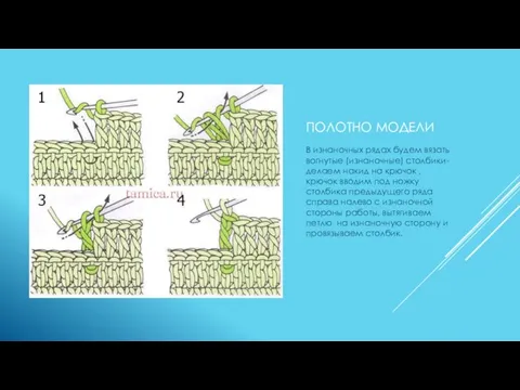 ПОЛОТНО МОДЕЛИ В изнаночных рядах будем вязать вогнутые (изнаночные) столбики- делаем