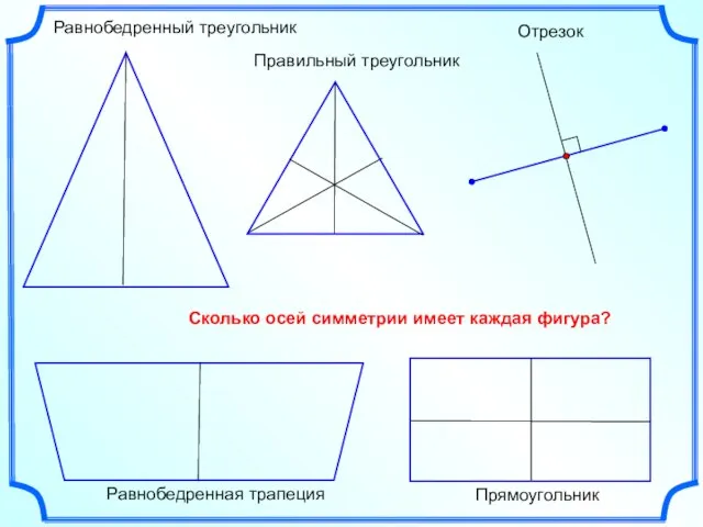 Правильный треугольник Равнобедренный треугольник Отрезок Прямоугольник Сколько осей симметрии имеет каждая фигура? Равнобедренная трапеция